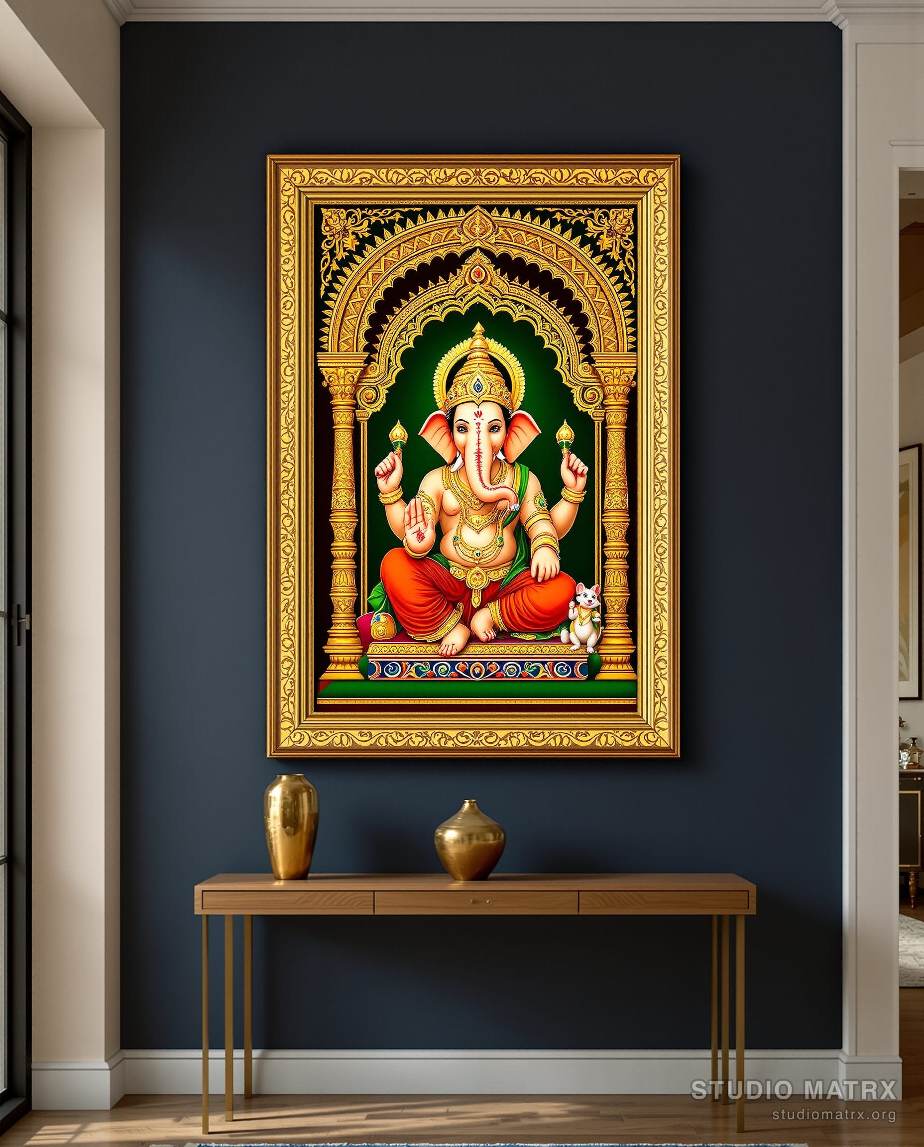 Ganesha With Mooshika Painting — Navy Wall