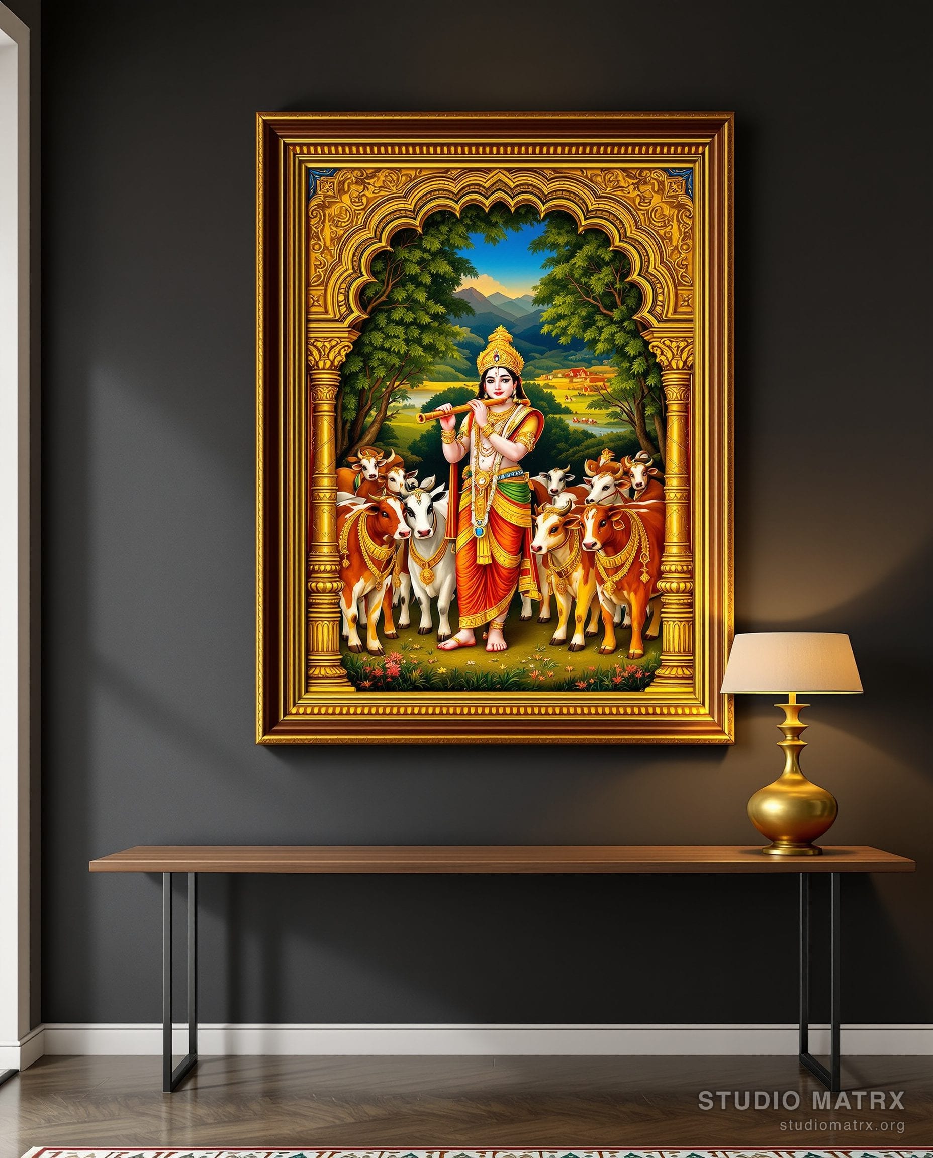 Krishna With Cows Painting — Charcoal Wall