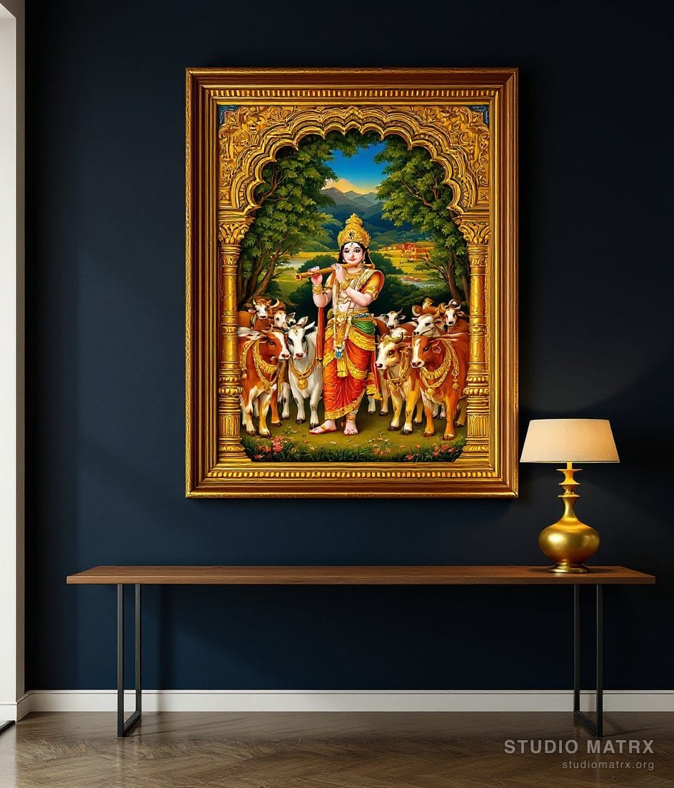 Krishna With Cows Painting — Navy Wall
