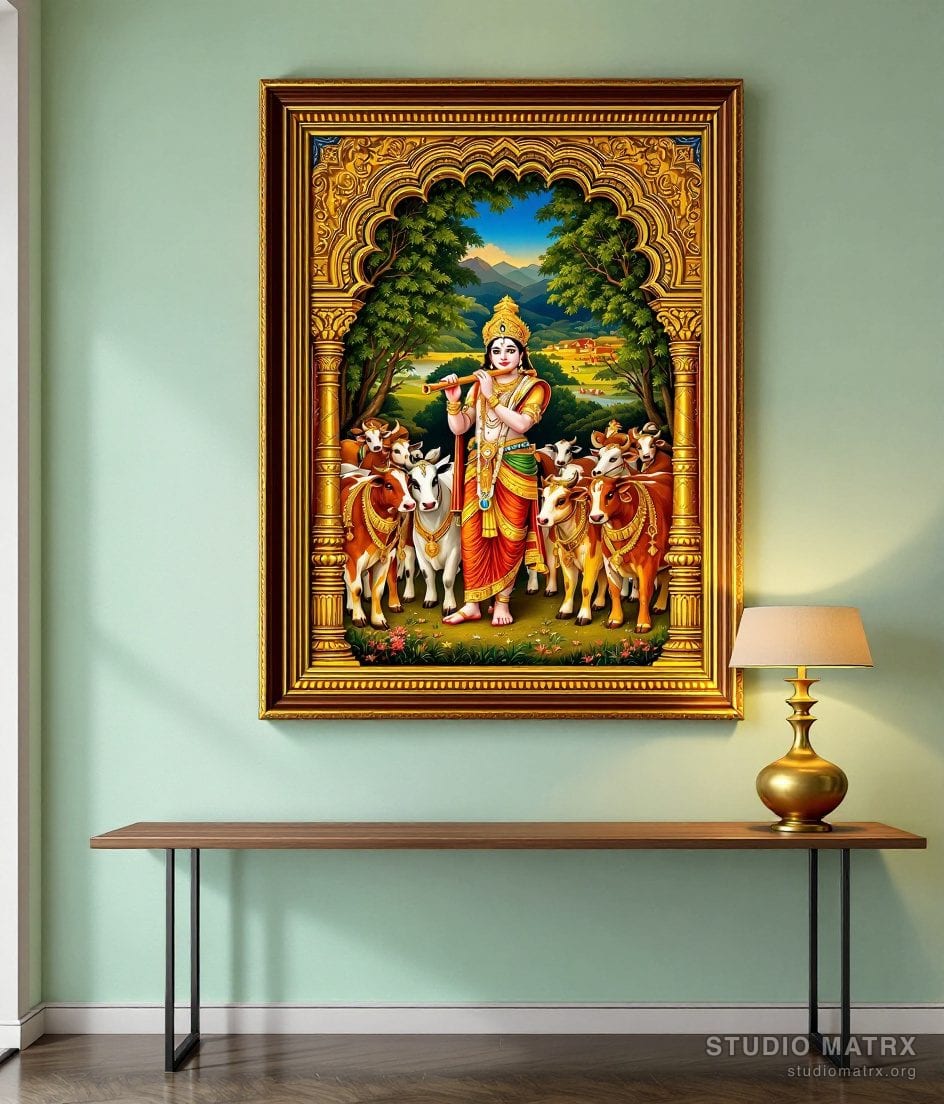 Krishna With Cows Painting — Sage Wall
