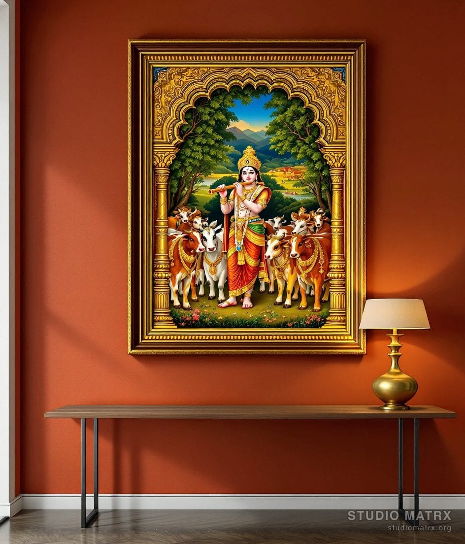 Krishna With Cows Painting — Terracotta Wall