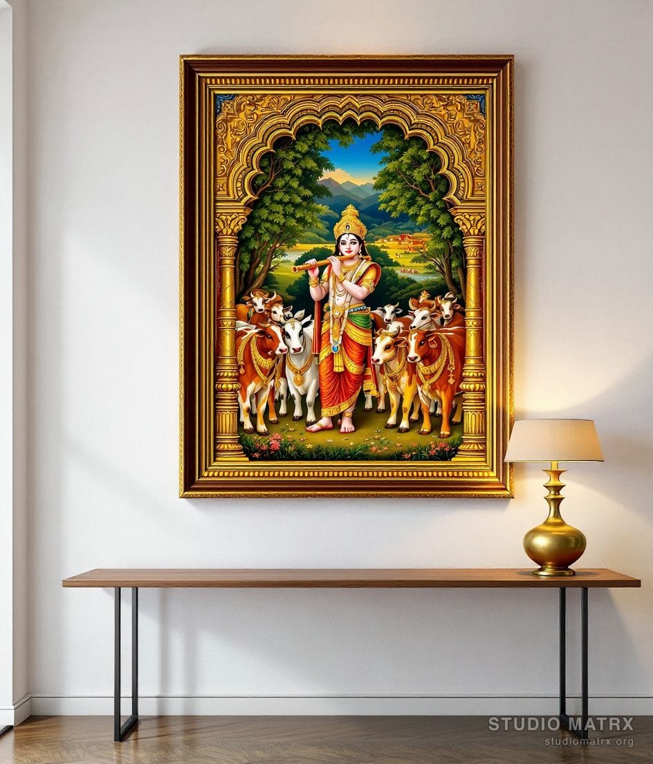 Krishna With Cows Painting — Warm White Wall