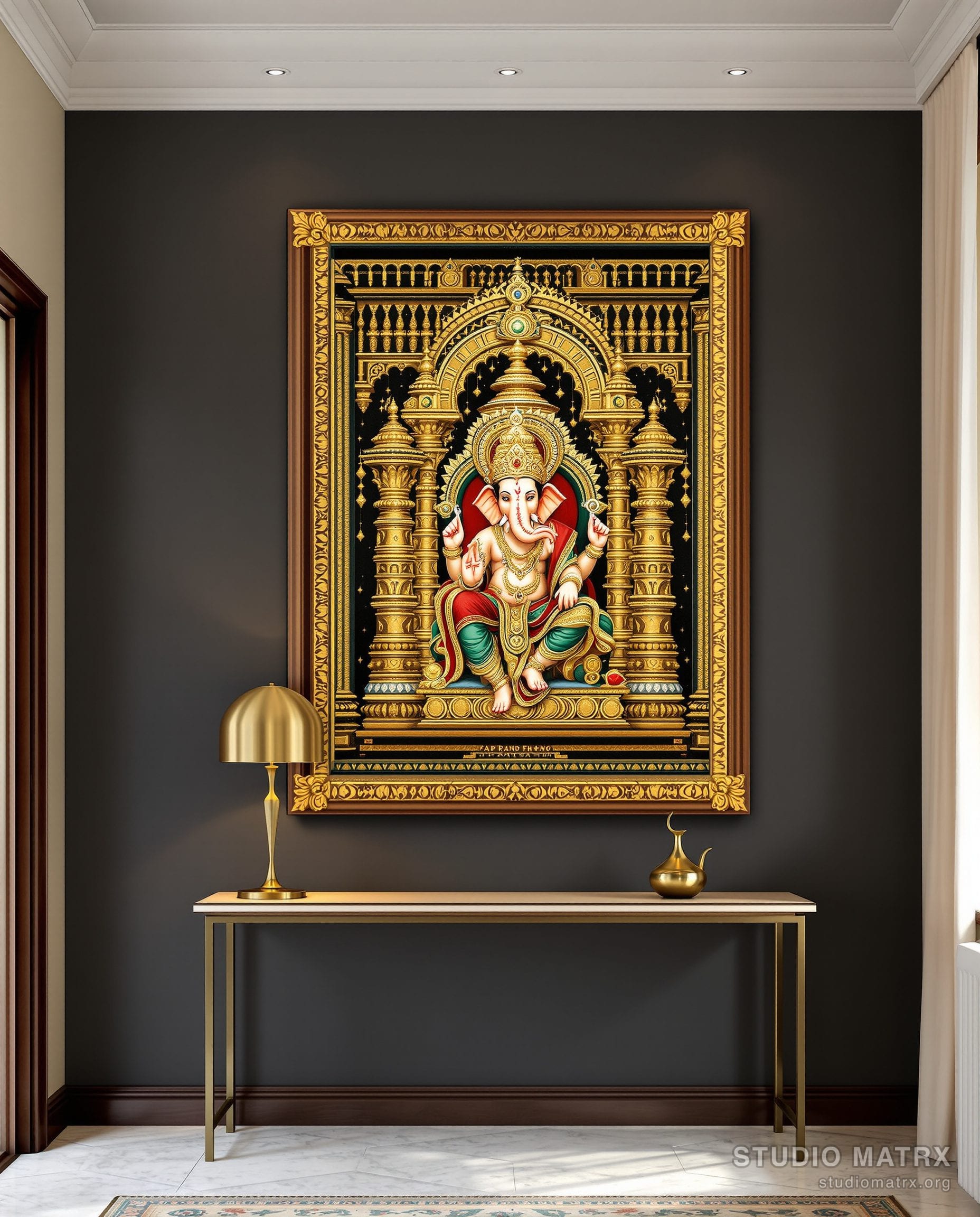 Ornate Ganesha Tanjore Painting — Charcoal Wall