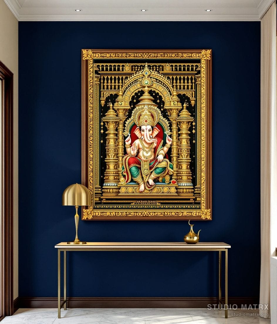 Ornate Ganesha Tanjore Painting — Navy Wall