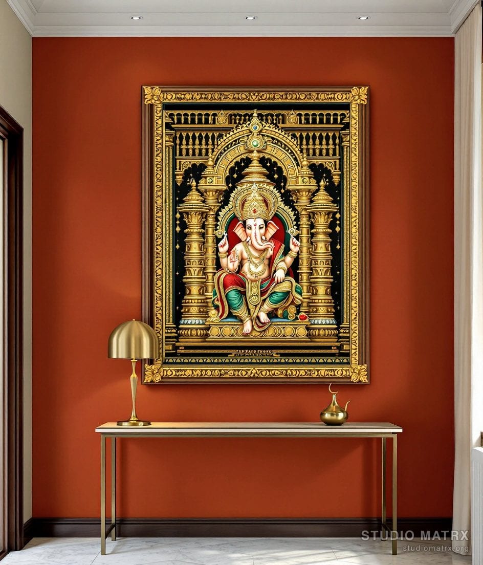 Ornate Ganesha Tanjore Painting — Terracotta Wall