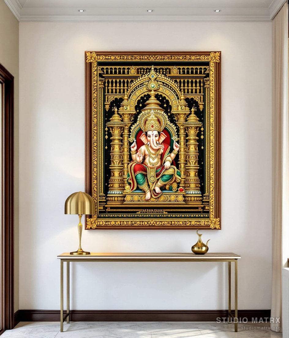 Ornate Ganesha Tanjore Painting — Warm White Wall