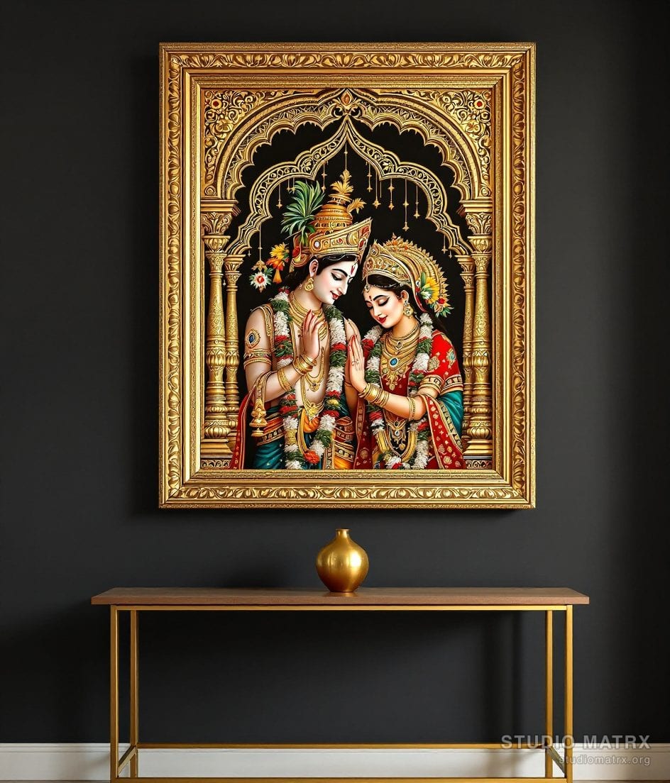 Radha Krishna Tanjore Painting — Charcoal Wall