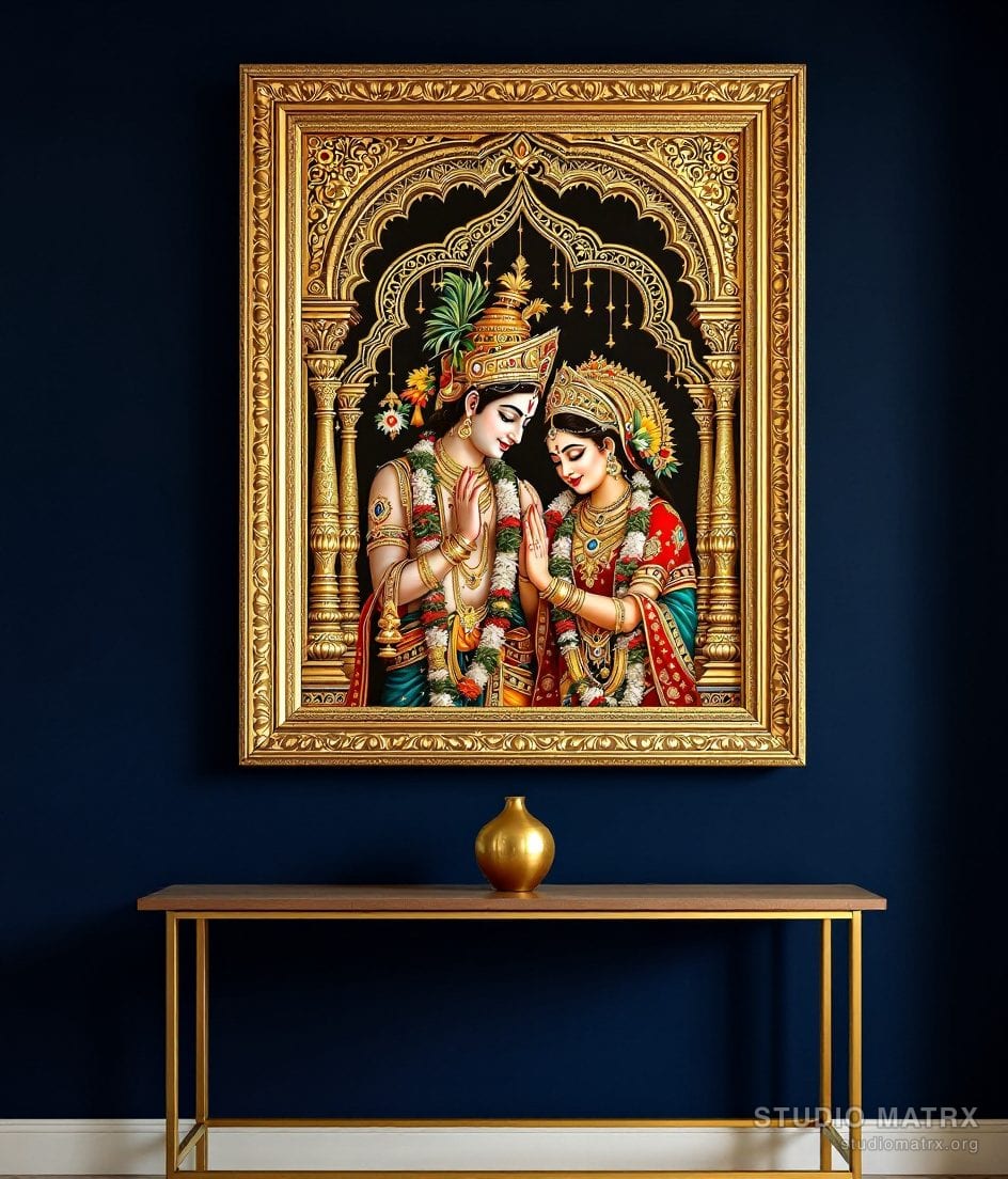 Radha Krishna Tanjore Painting — Navy Wall