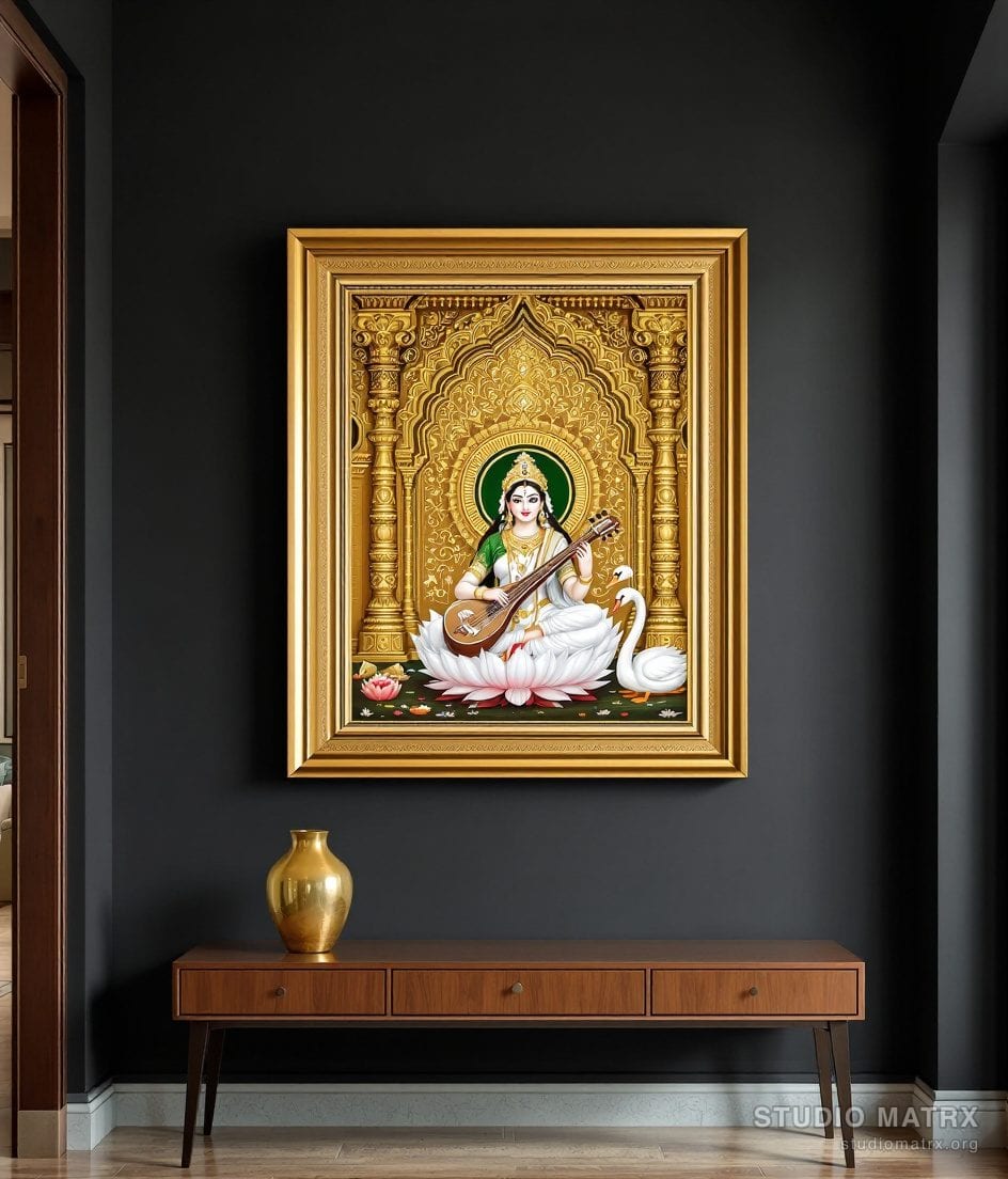 Saraswati With Veena Painting — Charcoal Wall