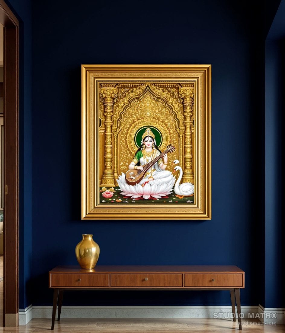Saraswati With Veena Painting — Navy Wall