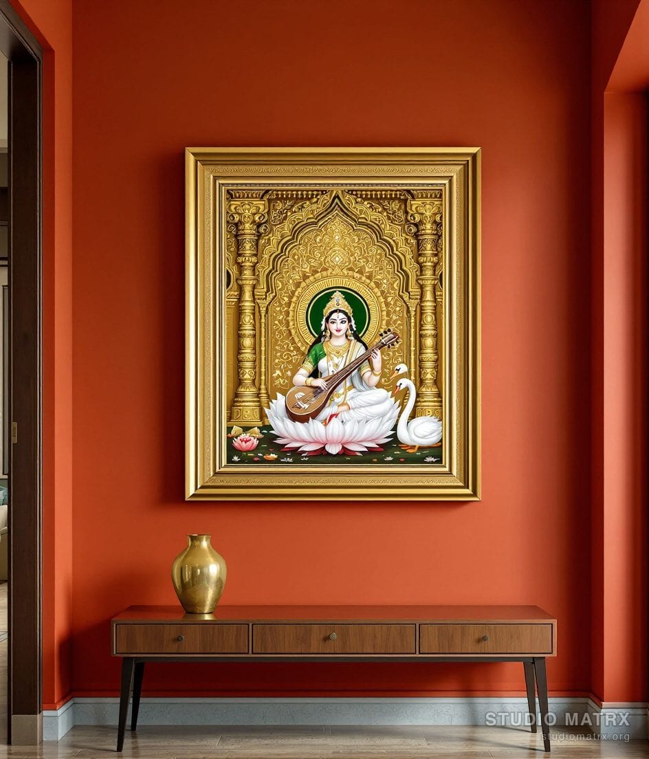 Saraswati With Veena Painting — Terracotta Wall