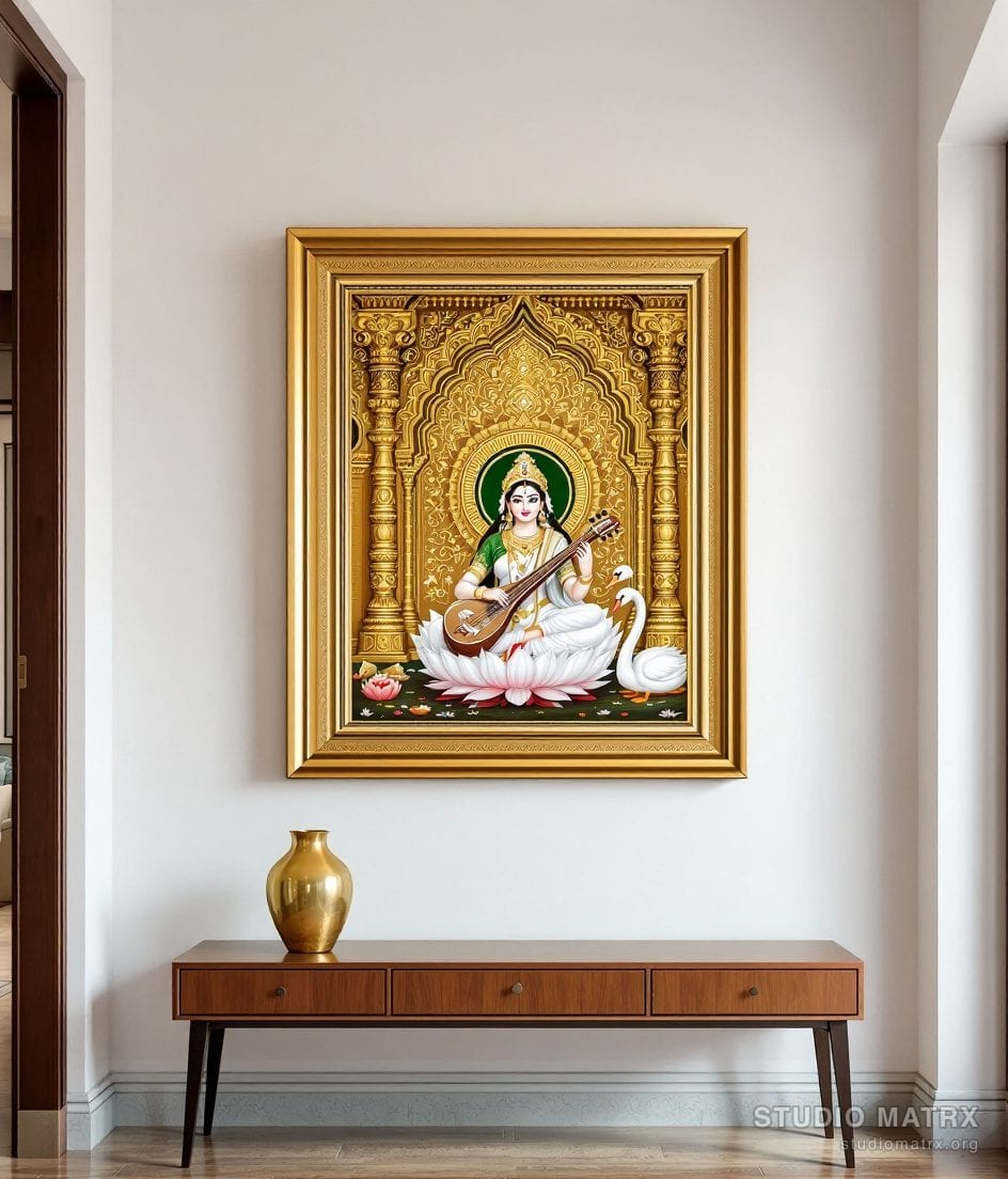 Saraswati With Veena Painting — Warm White Wall