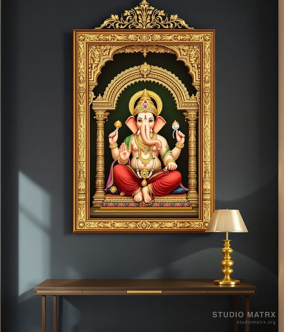 Seated Ganesha Tanjore Painting — Charcoal Wall