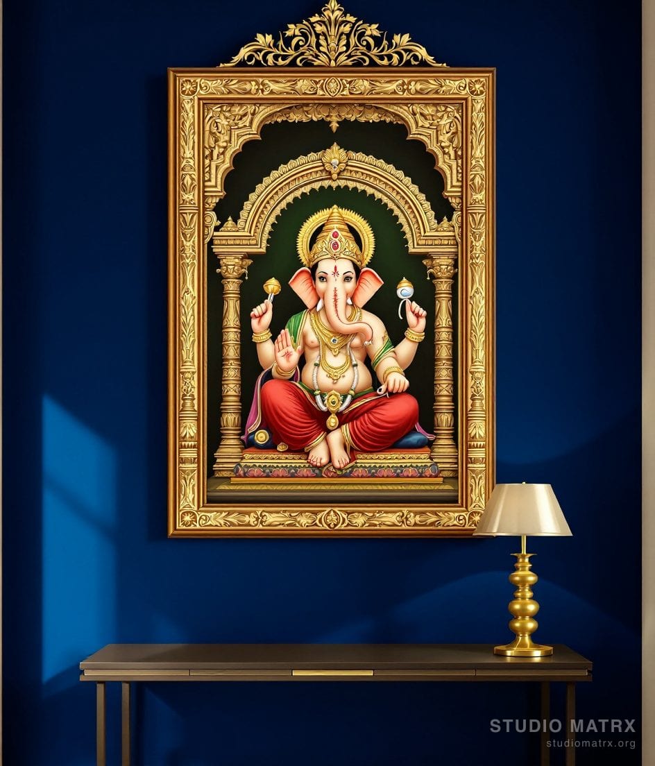 Seated Ganesha Tanjore Painting — Navy Wall