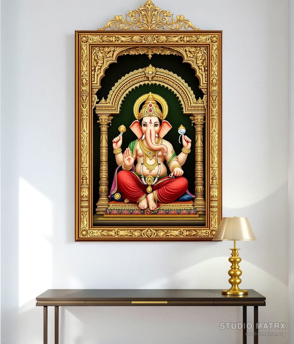 Seated Ganesha Tanjore Painting — Warm White Wall