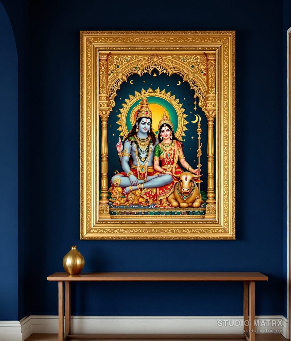 Shiva Parvati Tanjore Painting — Navy Wall