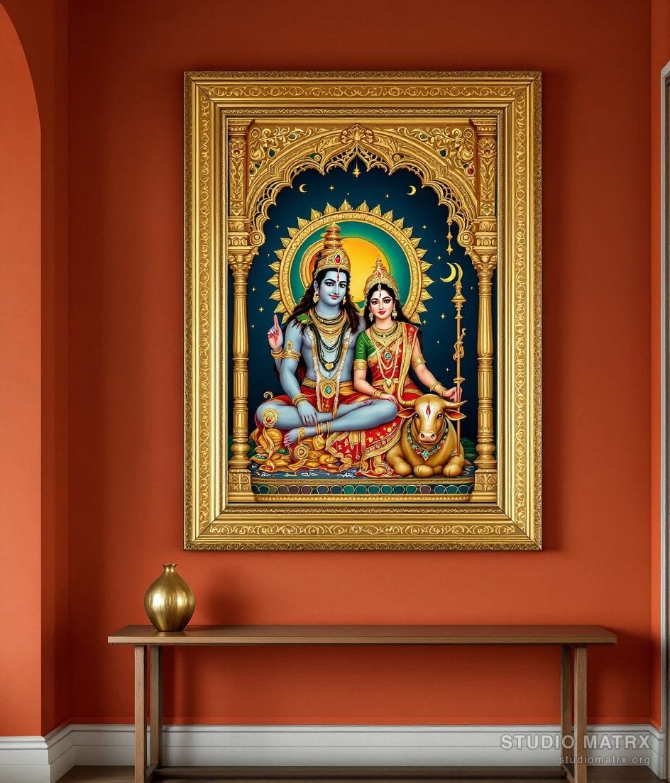 Shiva Parvati Tanjore Painting — Terracotta Wall