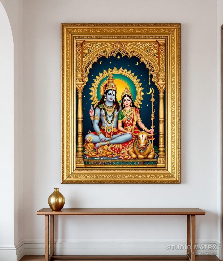 Shiva Parvati Tanjore Painting — Warm White Wall