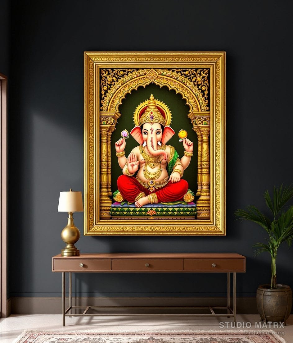 Vinayaka With Modak Painting — Charcoal Wall
