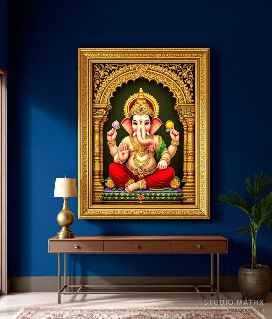 Vinayaka With Modak Painting — Navy Wall