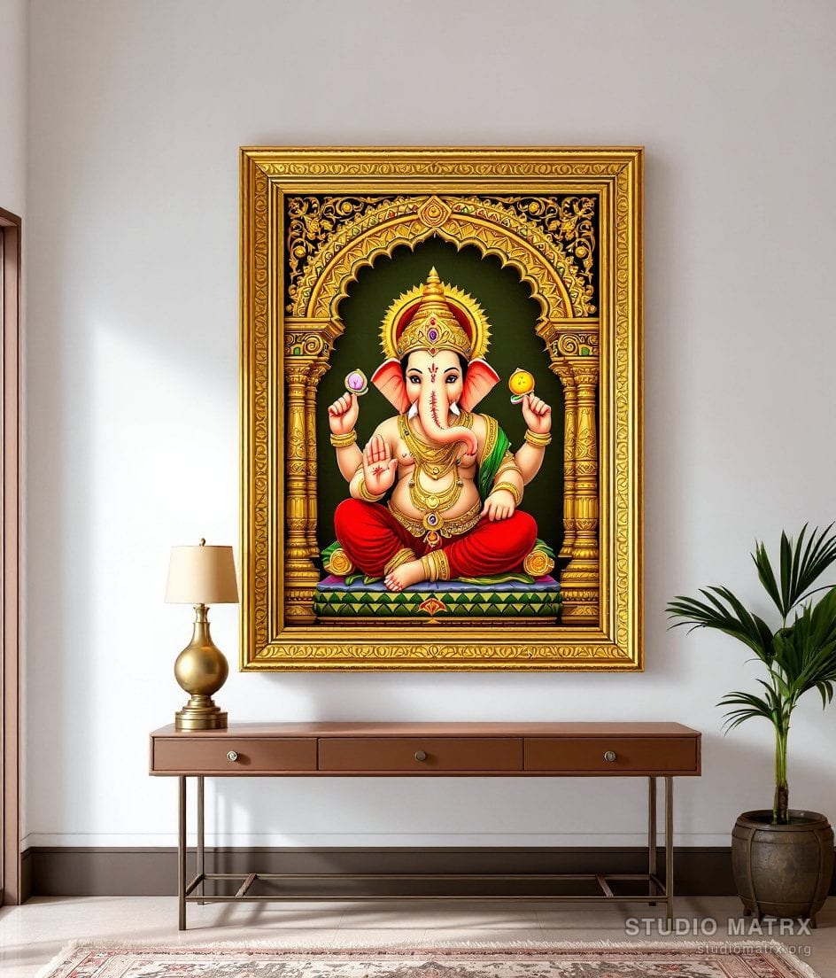 Vinayaka With Modak Painting — Warm White Wall