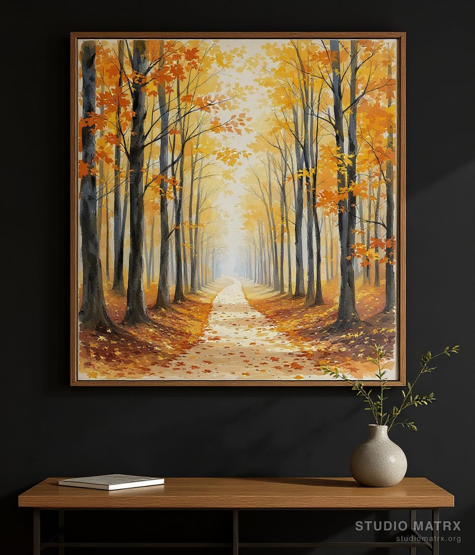 Autumn Woods Path — Charcoal Wall