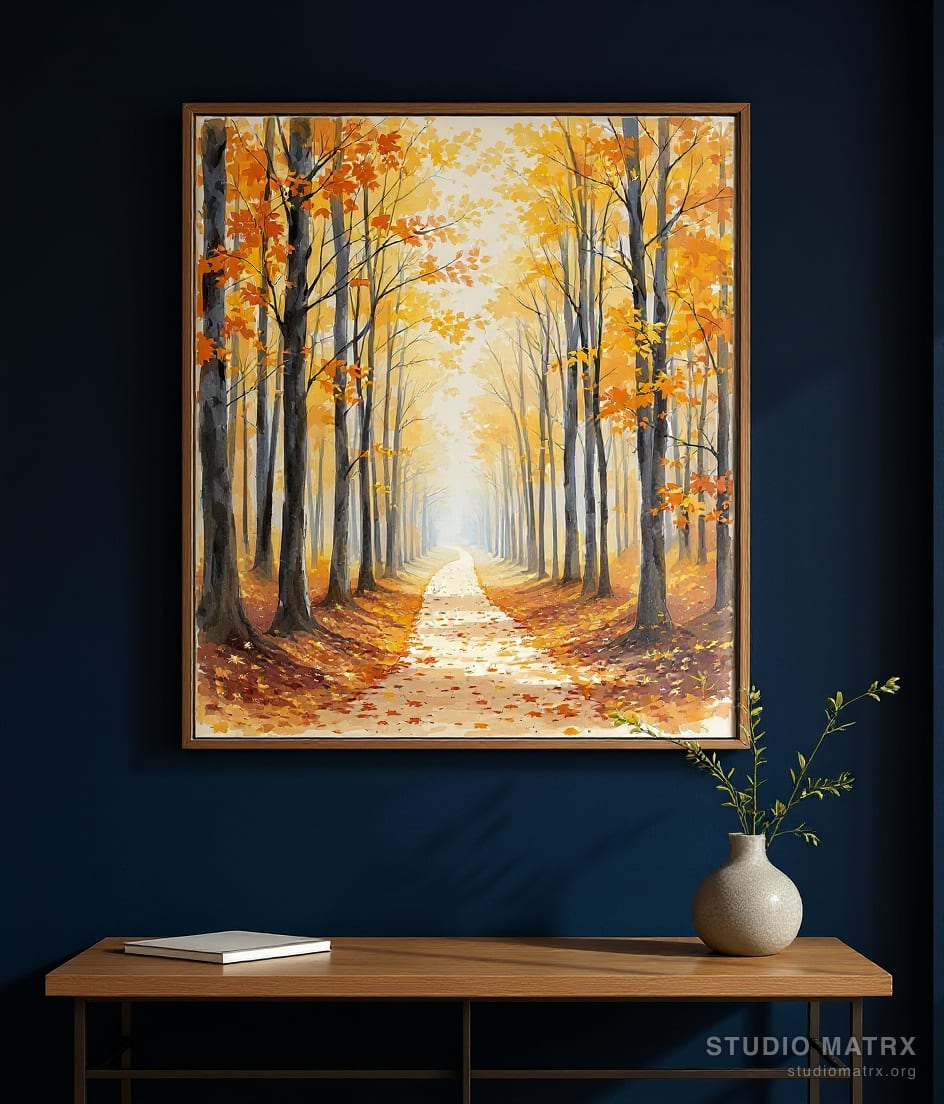 Autumn Woods Path — Navy Wall