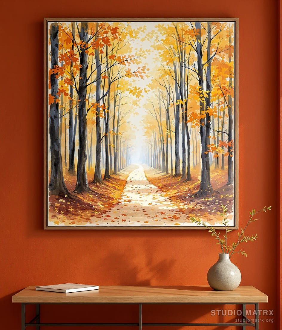 Autumn Woods Path — Terracotta Wall