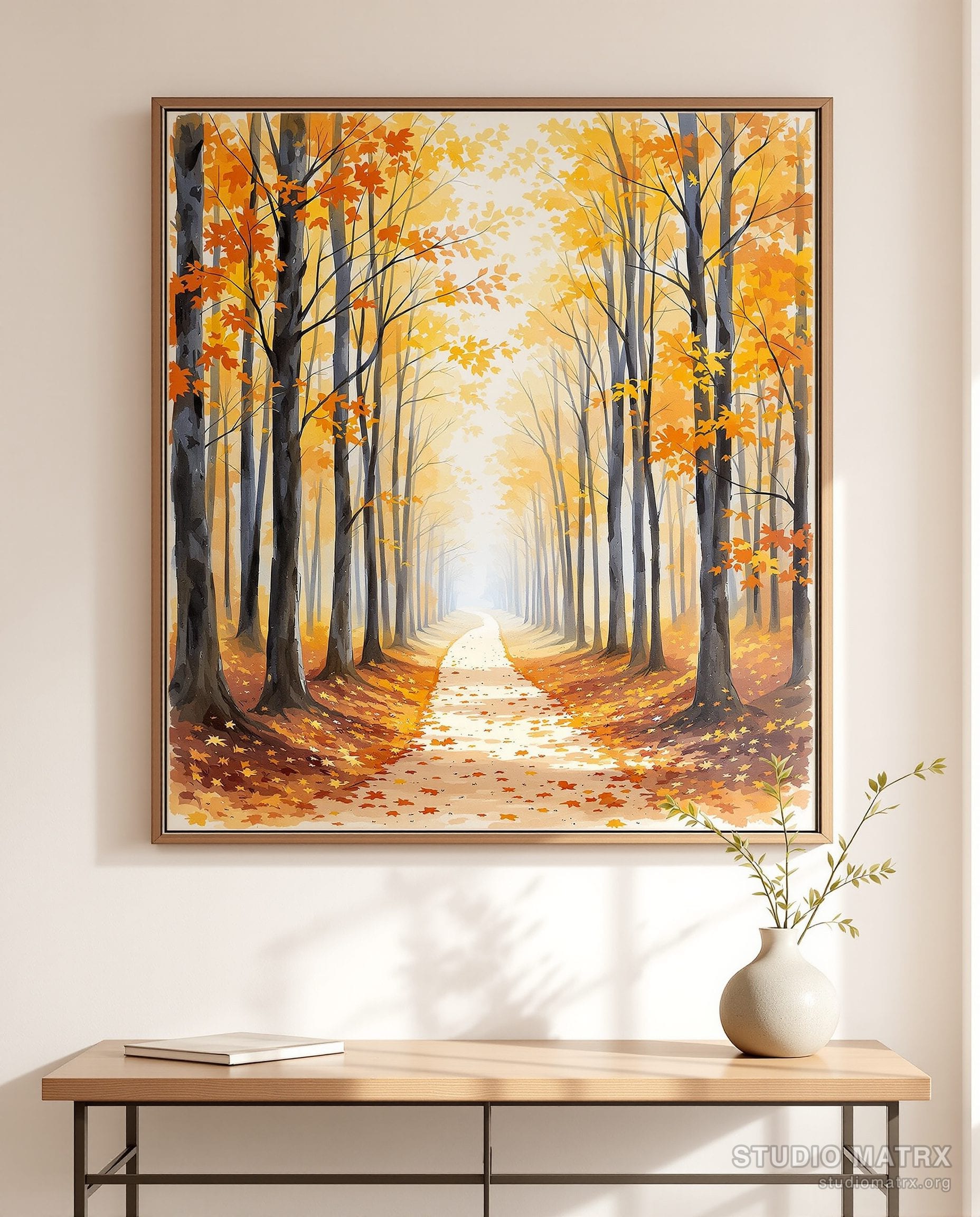 Autumn Woods Path — Warm White Wall