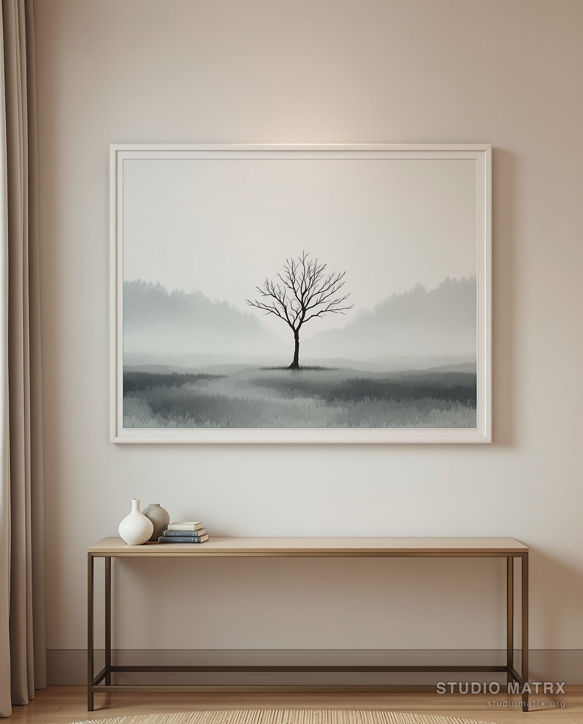 Lone Tree in Mist — Warm White Wall