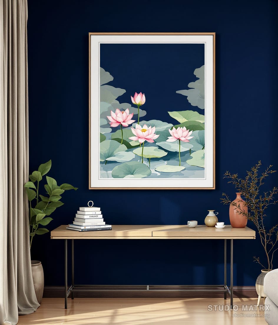 Lotus Pond in Bloom — Navy Wall