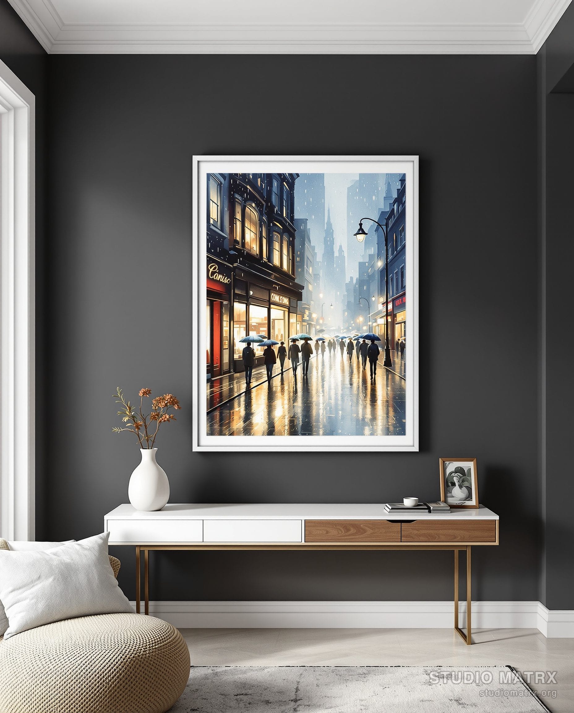 Rainy City Street — Charcoal Wall