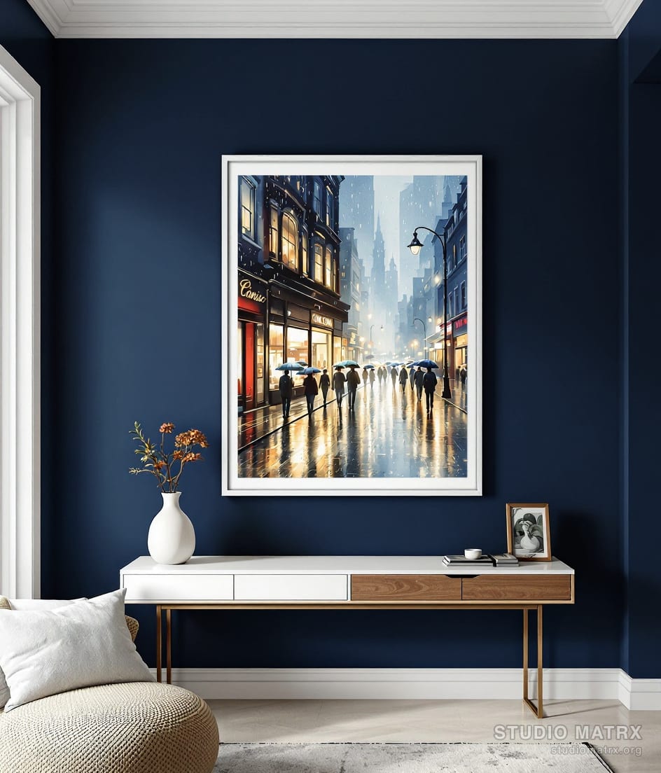 Rainy City Street — Navy Wall