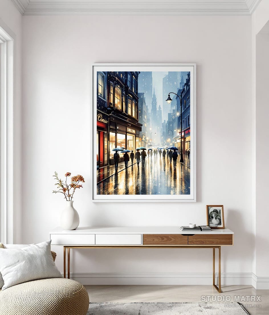 Rainy City Street — Warm White Wall