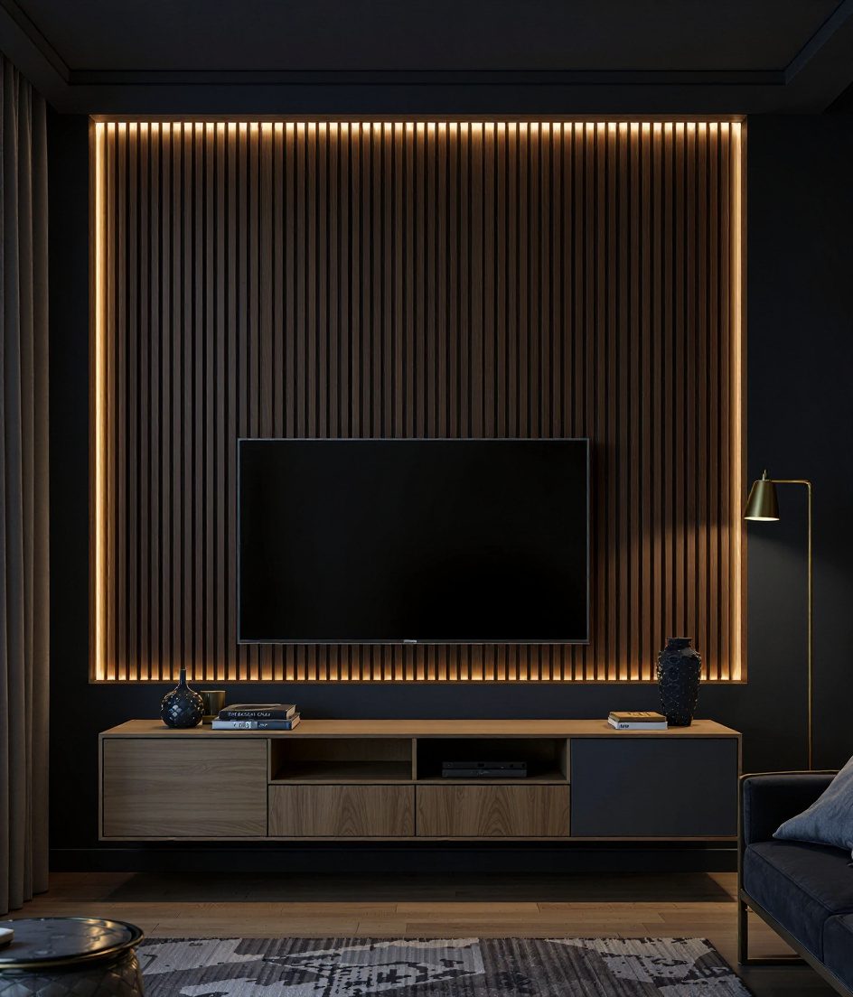 Backlit Wood Wall Panel — Charcoal Wall