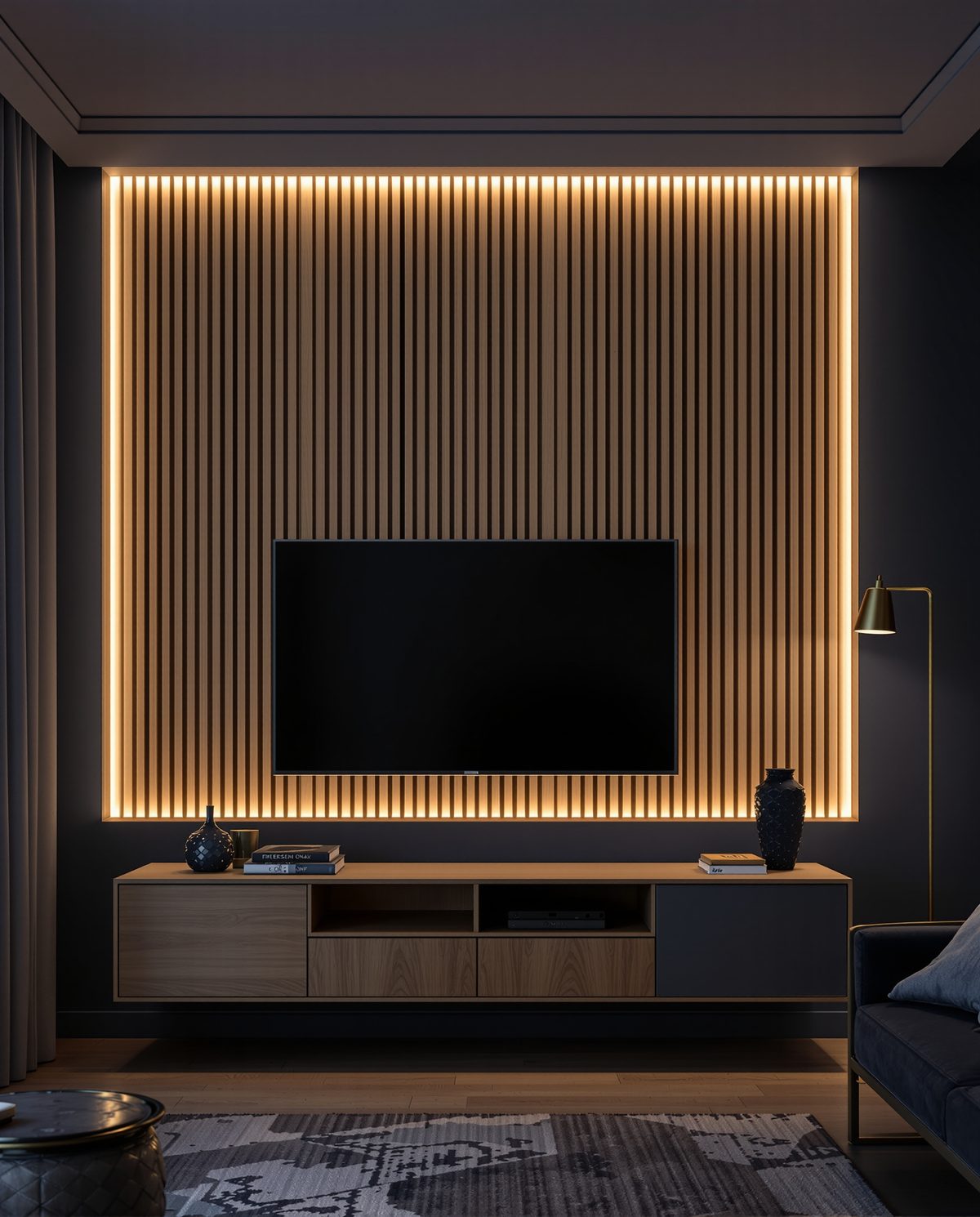 Backlit Wood Wall Panel — Navy Wall