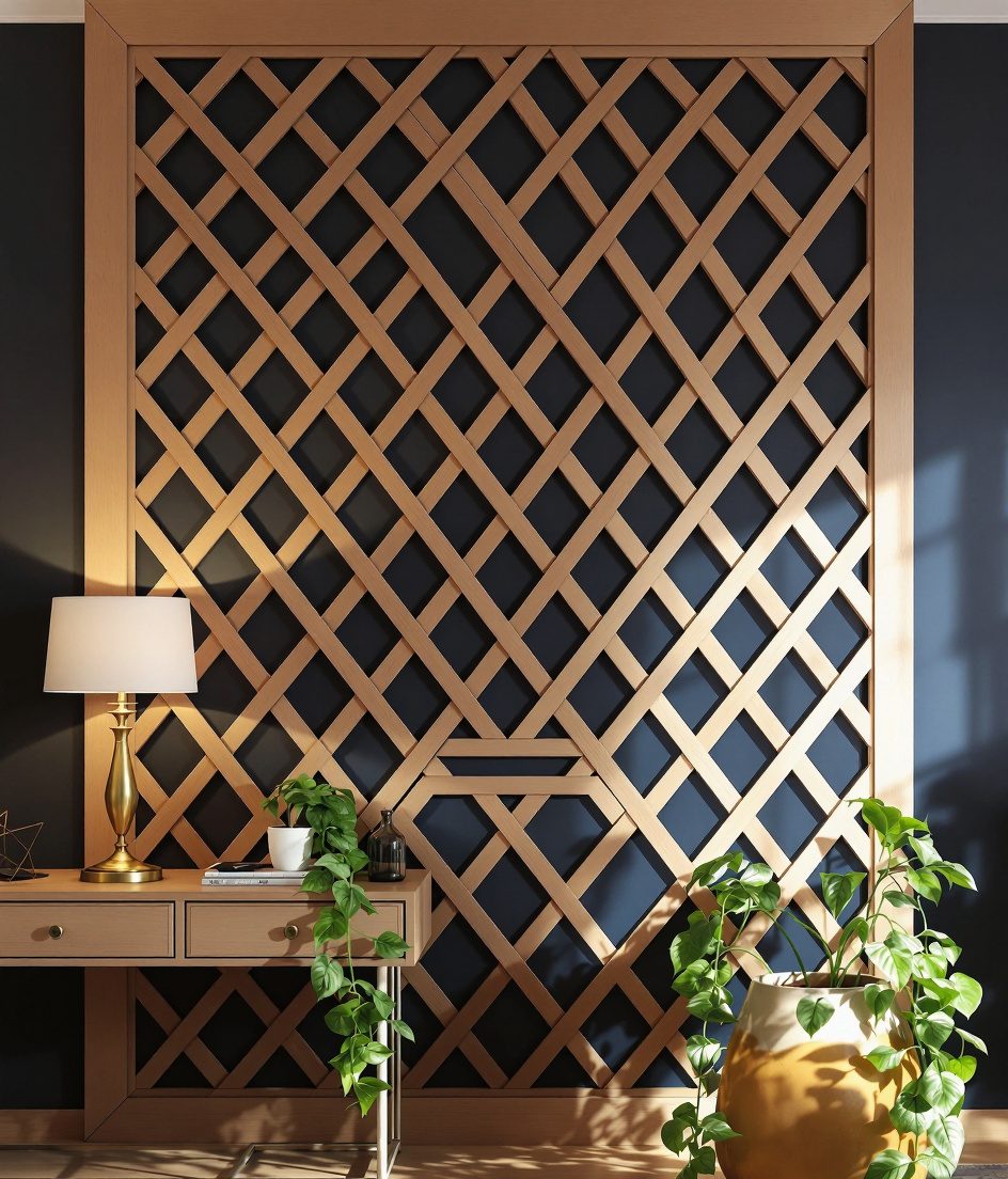 Diamond Lattice Wood Wall Panel — Charcoal Wall