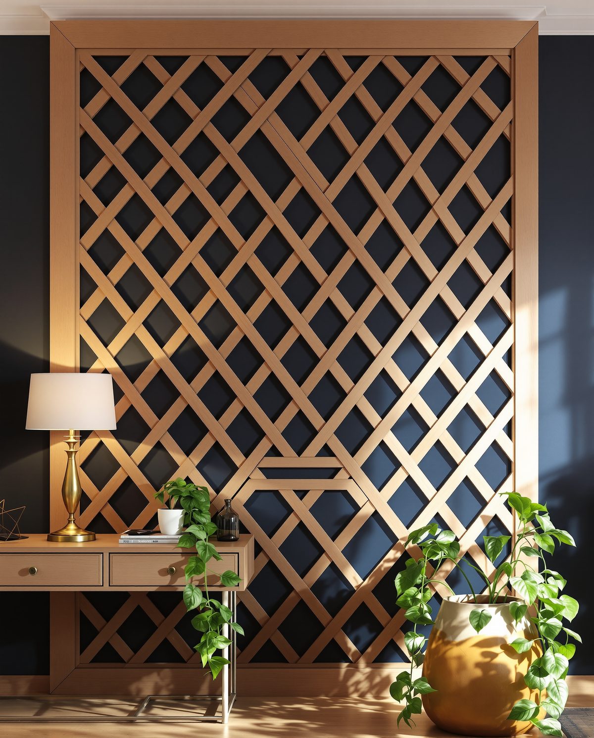 Diamond Lattice Wood Wall Panel — Navy Wall