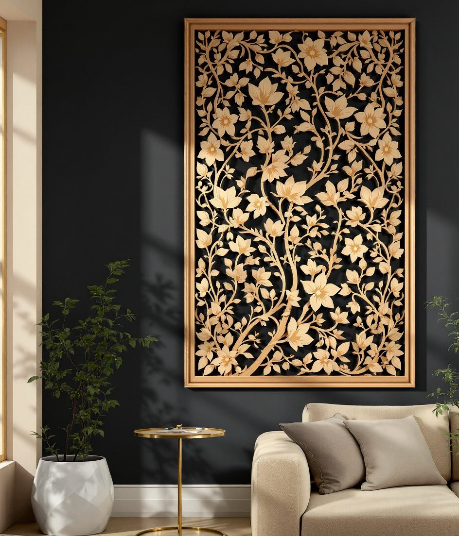Floral Relief Wood Wall Panel — Charcoal Wall