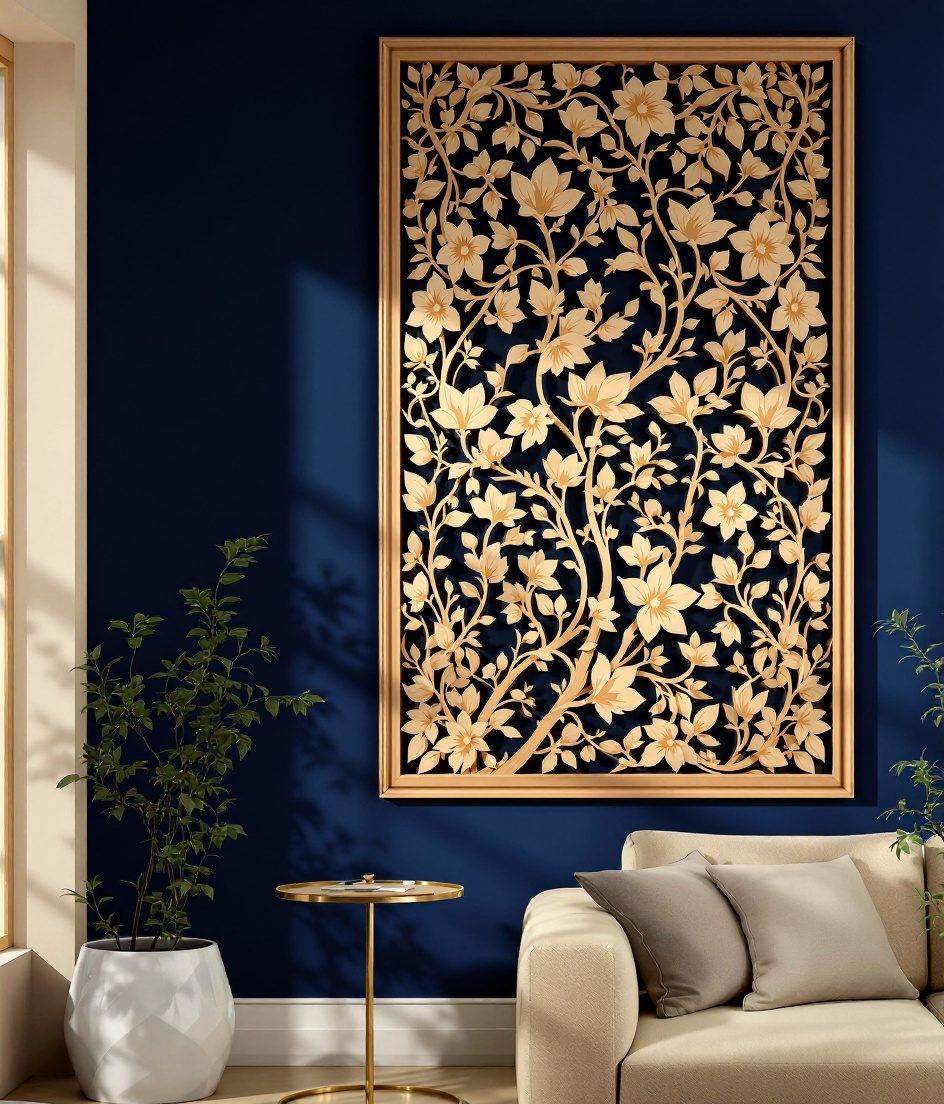 Floral Relief Wood Wall Panel — Navy Wall