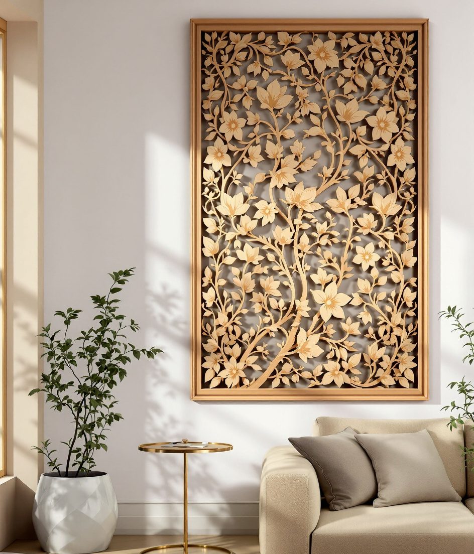 Floral Relief Wood Wall Panel — Warm White Wall