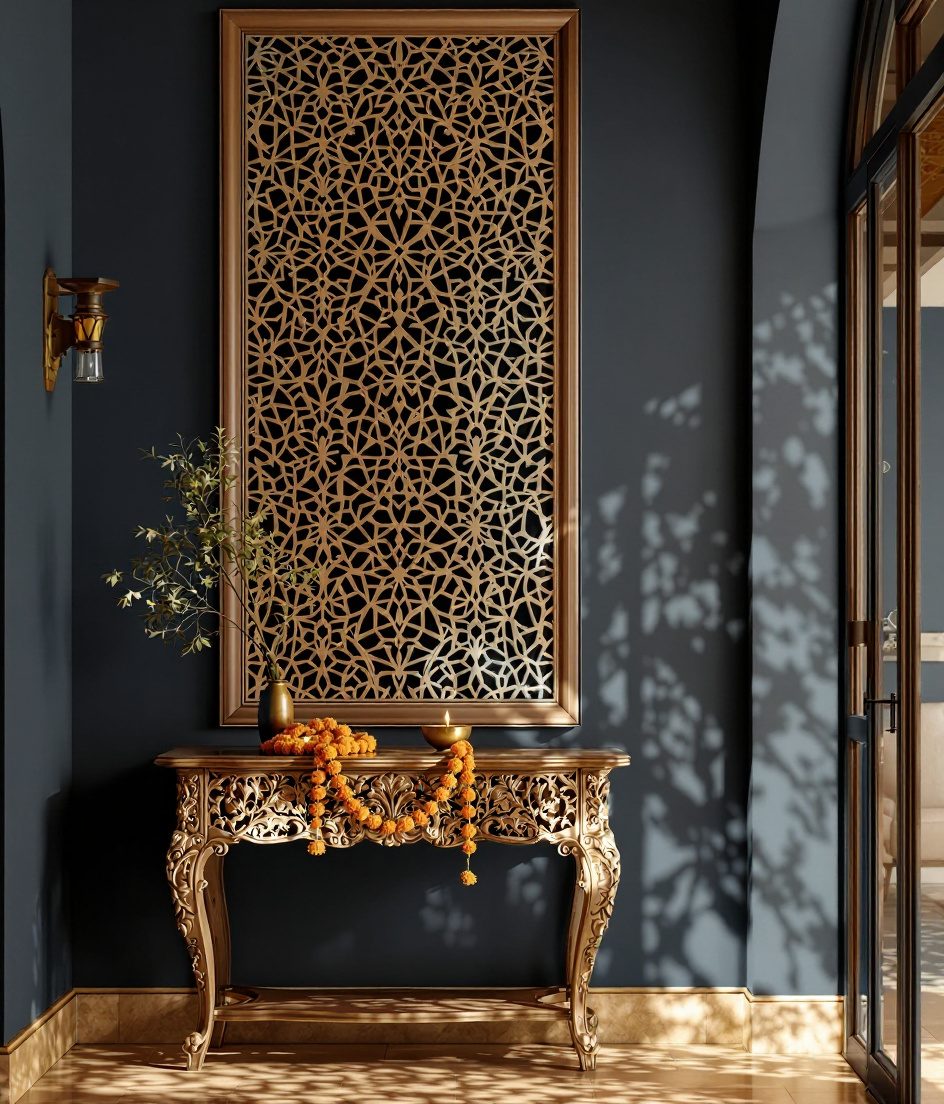 Jali Carved Wood Wall Panel — Charcoal Wall