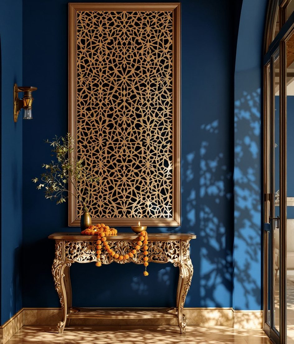 Jali Carved Wood Wall Panel — Navy Wall