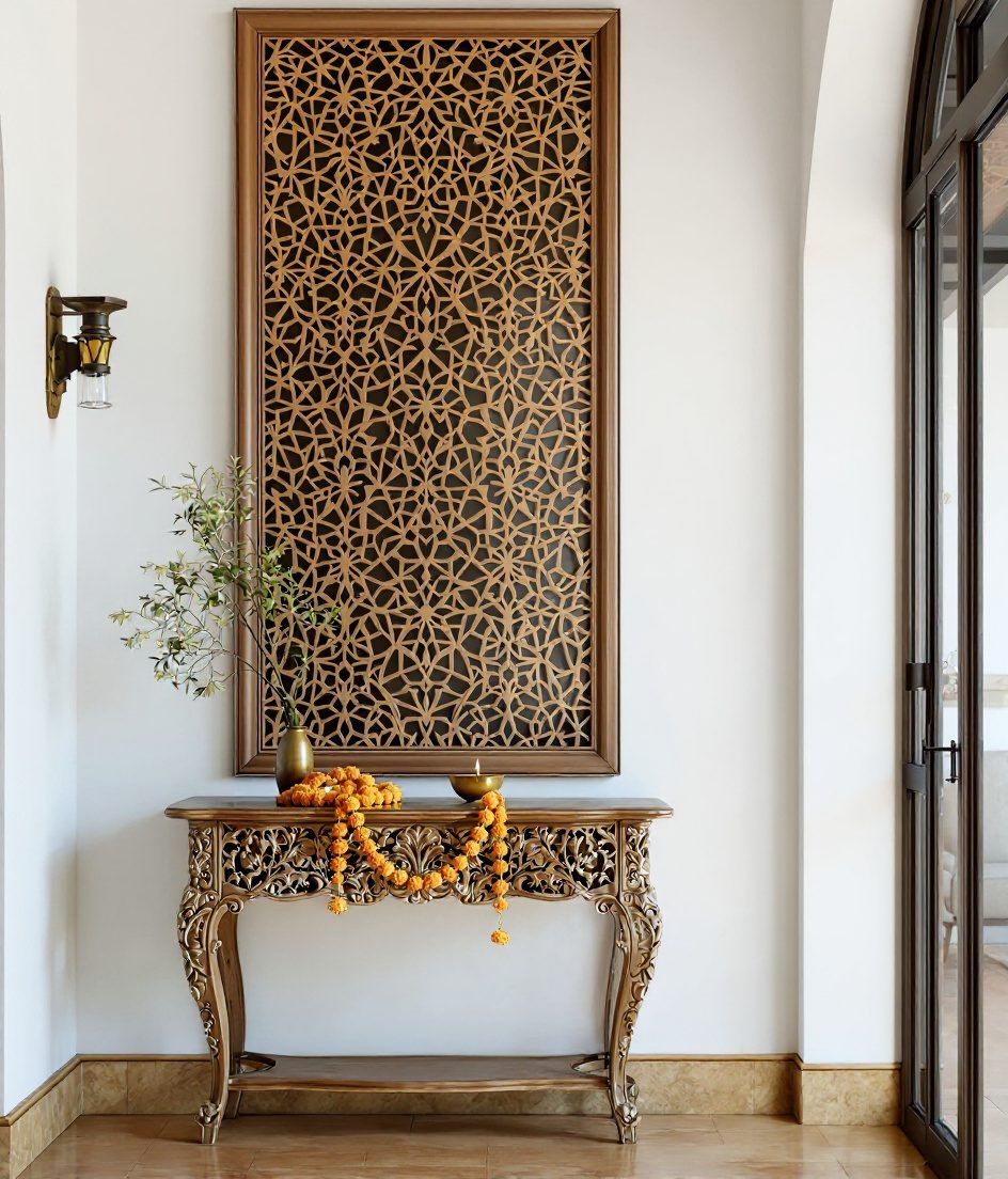 Jali Carved Wood Wall Panel — Warm White Wall