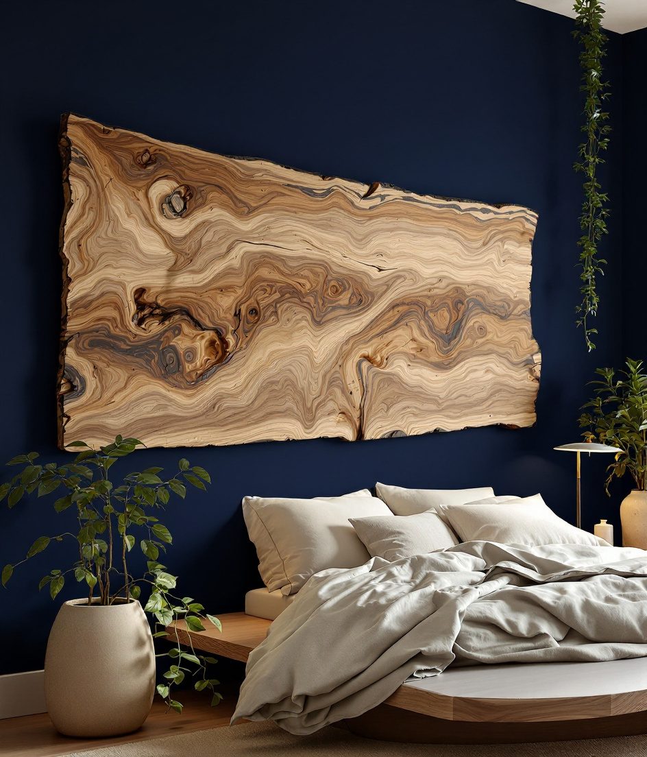 Live-Edge Wood Wall Panel — Navy Wall