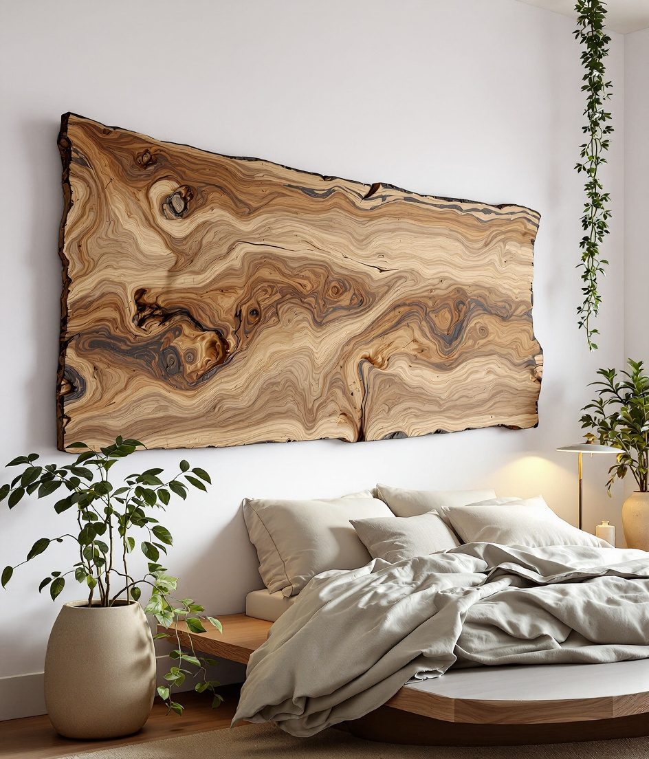Live-Edge Wood Wall Panel — Warm White Wall