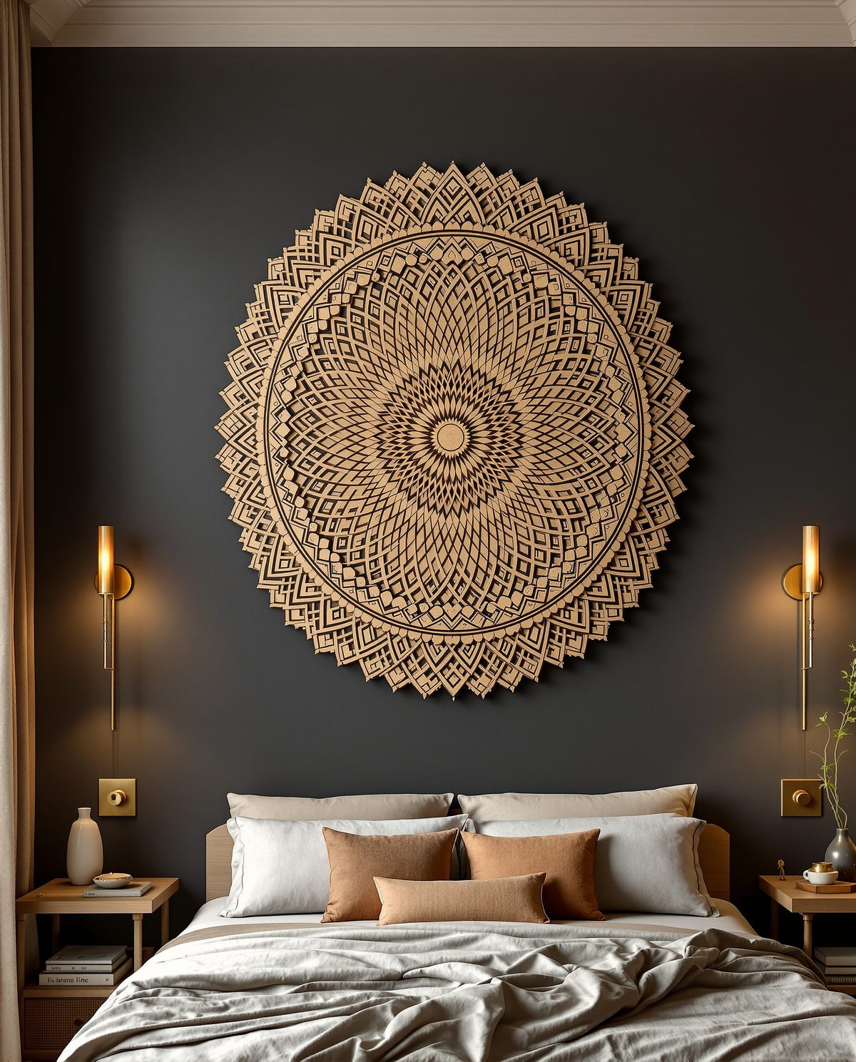 Mandala Carved Wood Wall Panel — Charcoal Wall