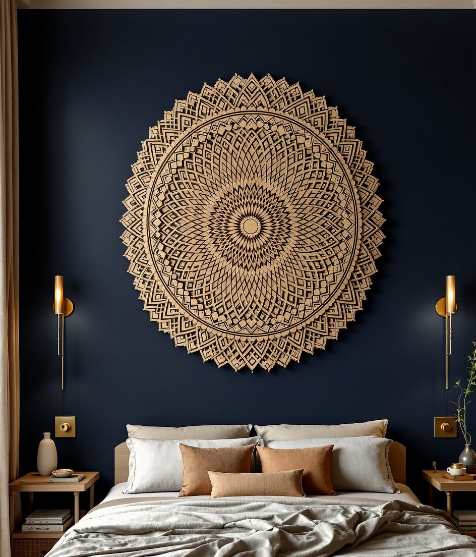 Mandala Carved Wood Wall Panel — Navy Wall