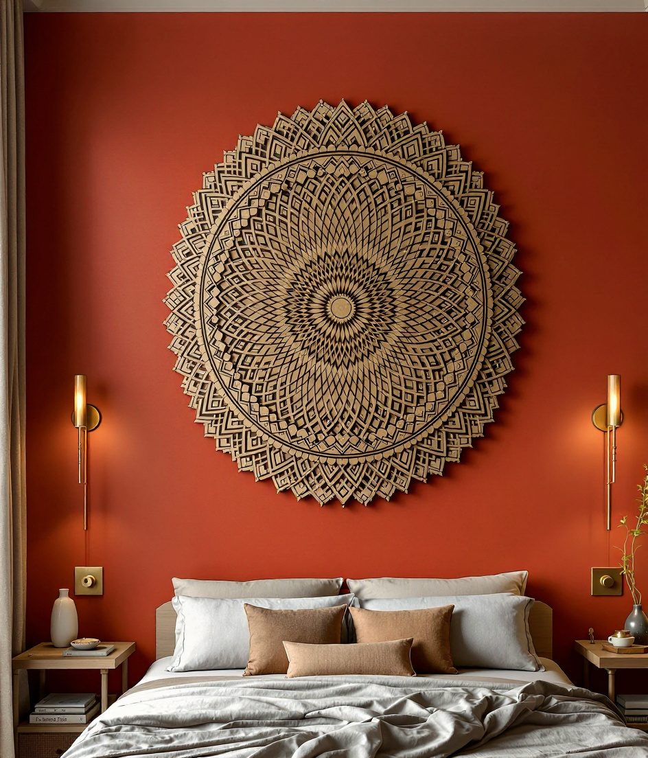 Mandala Carved Wood Wall Panel — Terracotta Wall