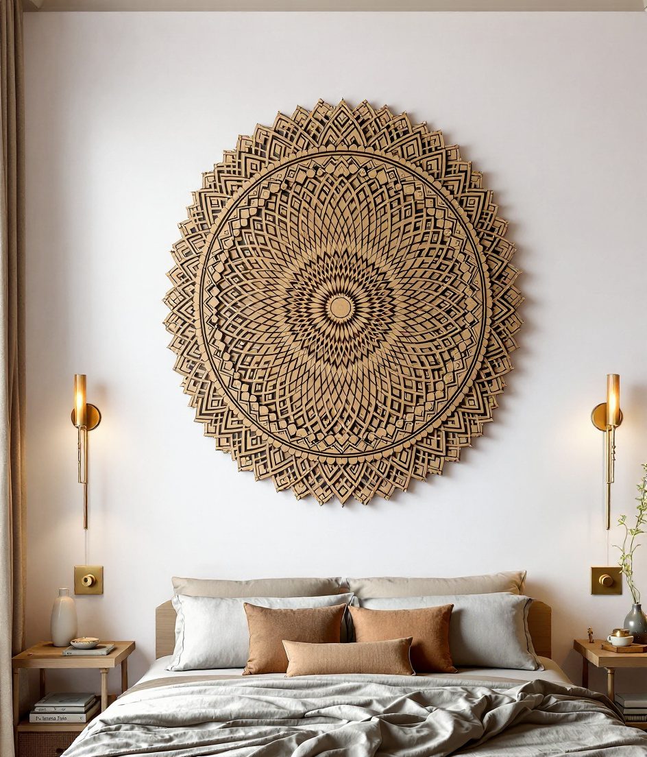 Mandala Carved Wood Wall Panel — Warm White Wall